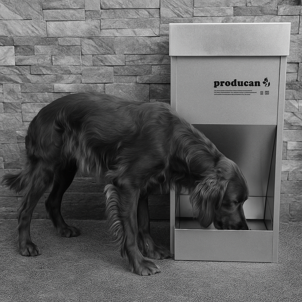 comedero-automatico-perros-metalico-40l-producan-.png. perro comiendo en tolva automático programable mod p1