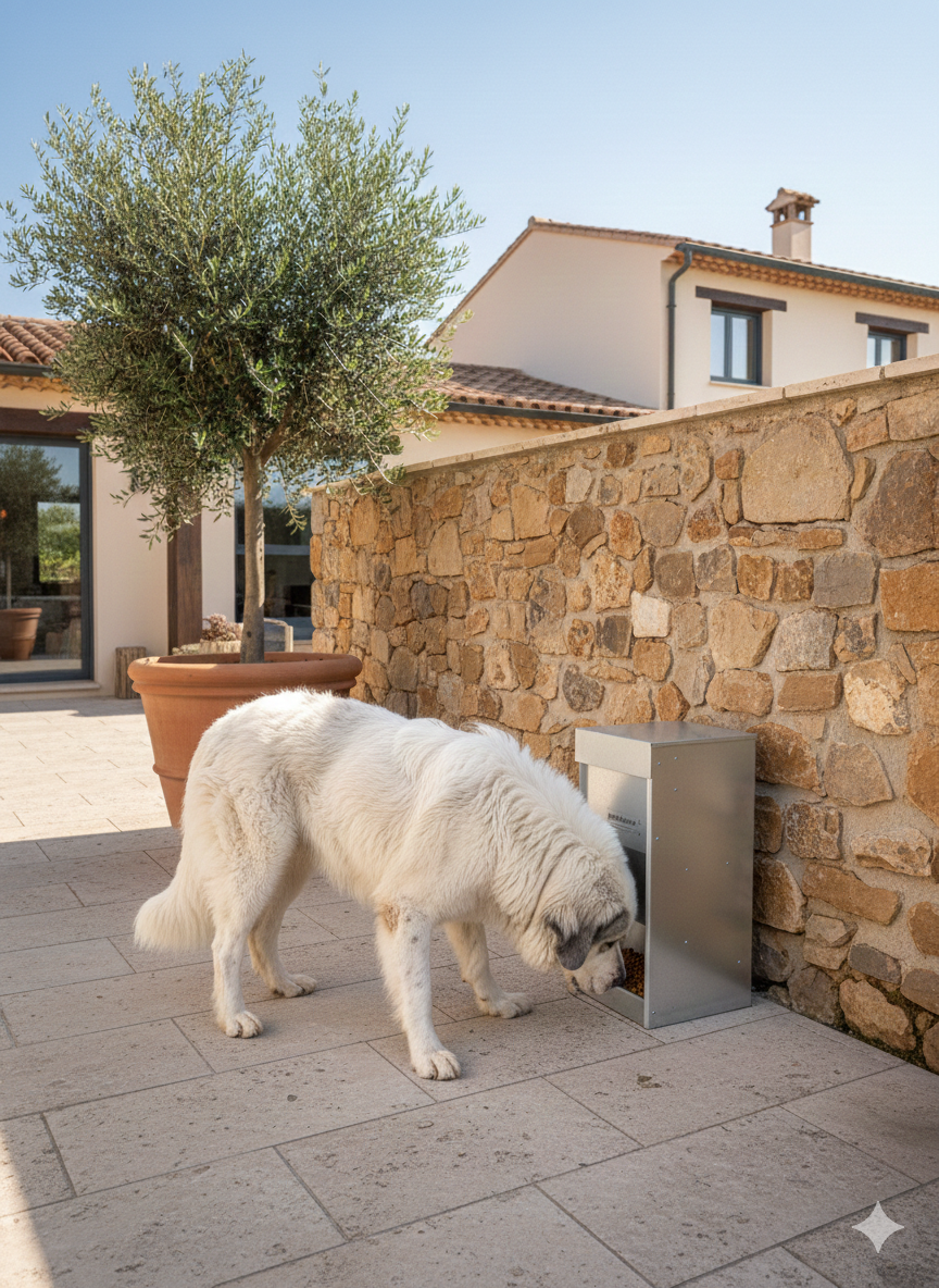 comedero-automatico-producan-tolva.png. perro comiendo en comedero automatico metalico PRODUCAN Mod P1