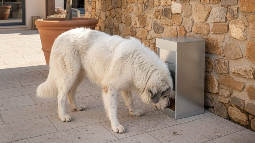 Un mastín blanco come de un comedero automático Producan junto a un muro de piedra, en un patio con un olivo en maceta